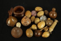 A collection of treen items and stone eggs. A rose quartz and two marble eggs. H.7 Dia.9cm. (