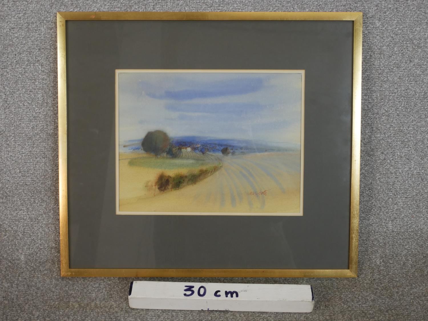 A framed and glazed watercolour and pen landscape, Evening Near Stratford upon Avon, indistinctly - Image 3 of 5