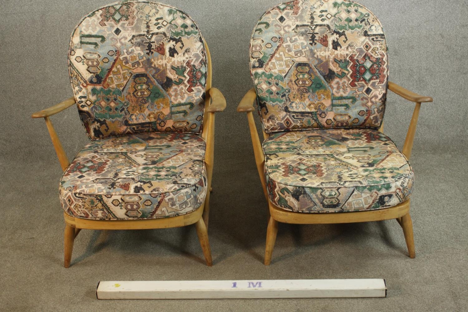 A pair of Ercol elm and beech hoop back armchairs, in Windsor style, with loose back and seat - Image 2 of 11