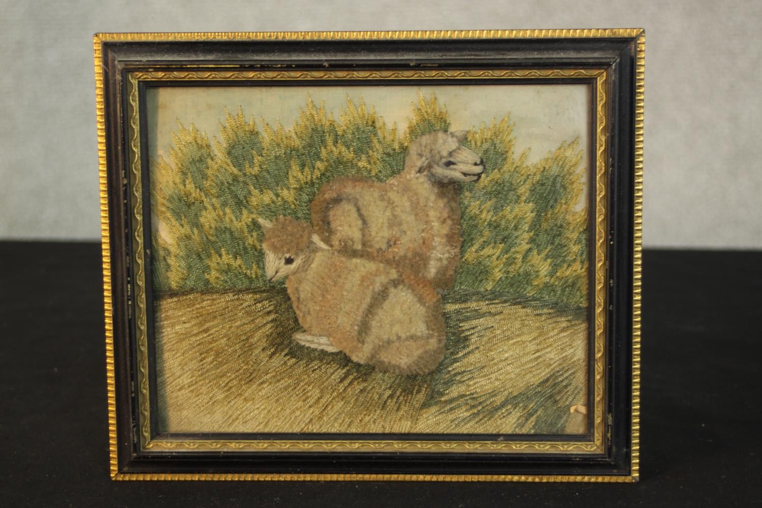 A 19th century embroidered study of two sheep by a hedge, framed. H.18 W.21cm. - Image 2 of 6