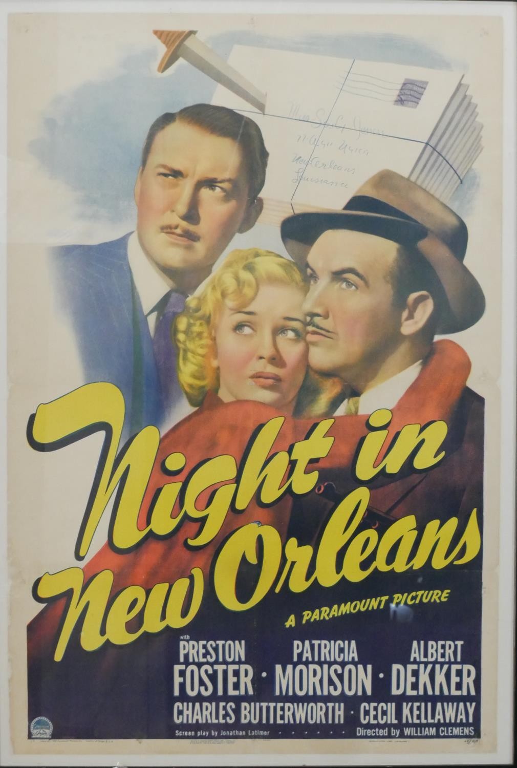 A 1940s linen backed film poster for Night in New Orleans, directed by William Clemens, starring
