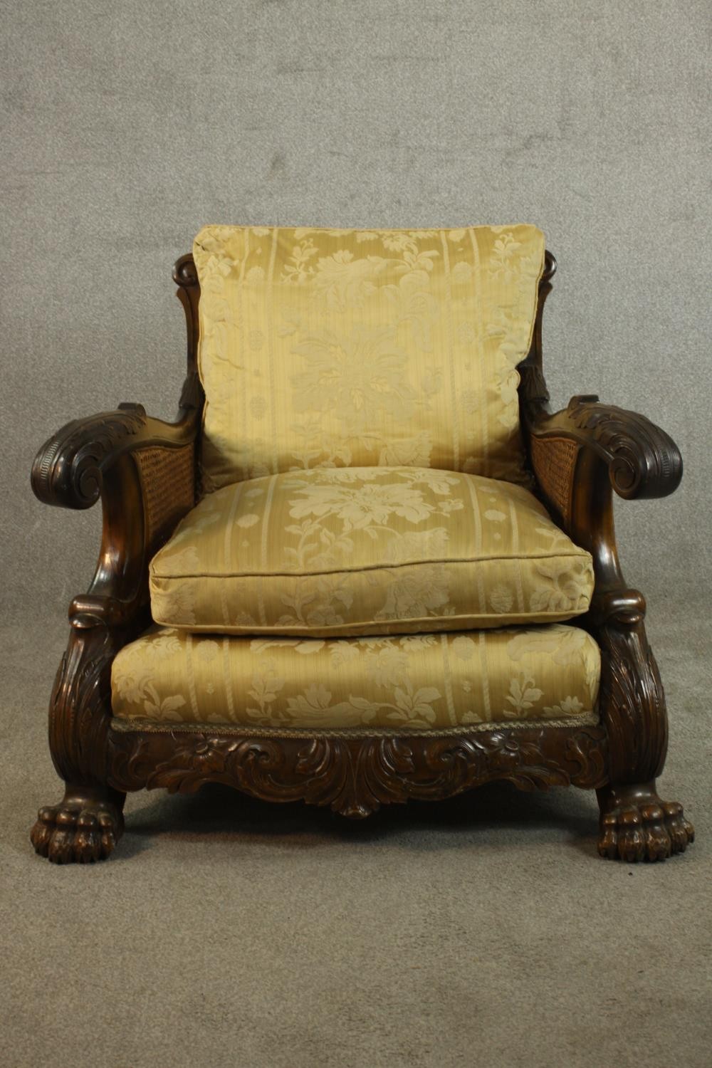 A pair of early 20th century Continental carved walnut bergere armchairs, upholstered in gold - Image 17 of 30