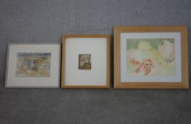 Three framed and glazed watercolours, unsigned, one of vegetables. H.43 W.50cm (largest)