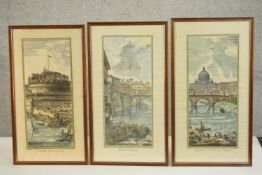 Three framed and glazed hand coloured engravings of Castello San't Angelo, Teatro di Tordinona and