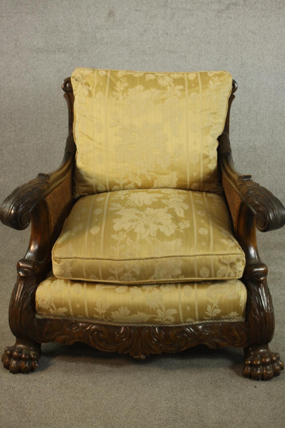 A pair of early 20th century Continental carved walnut bergere armchairs, upholstered in gold - Image 16 of 30