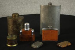 A collection of hip flasks, boxes and other items, including, a Georgian tortoiseshell and mother of