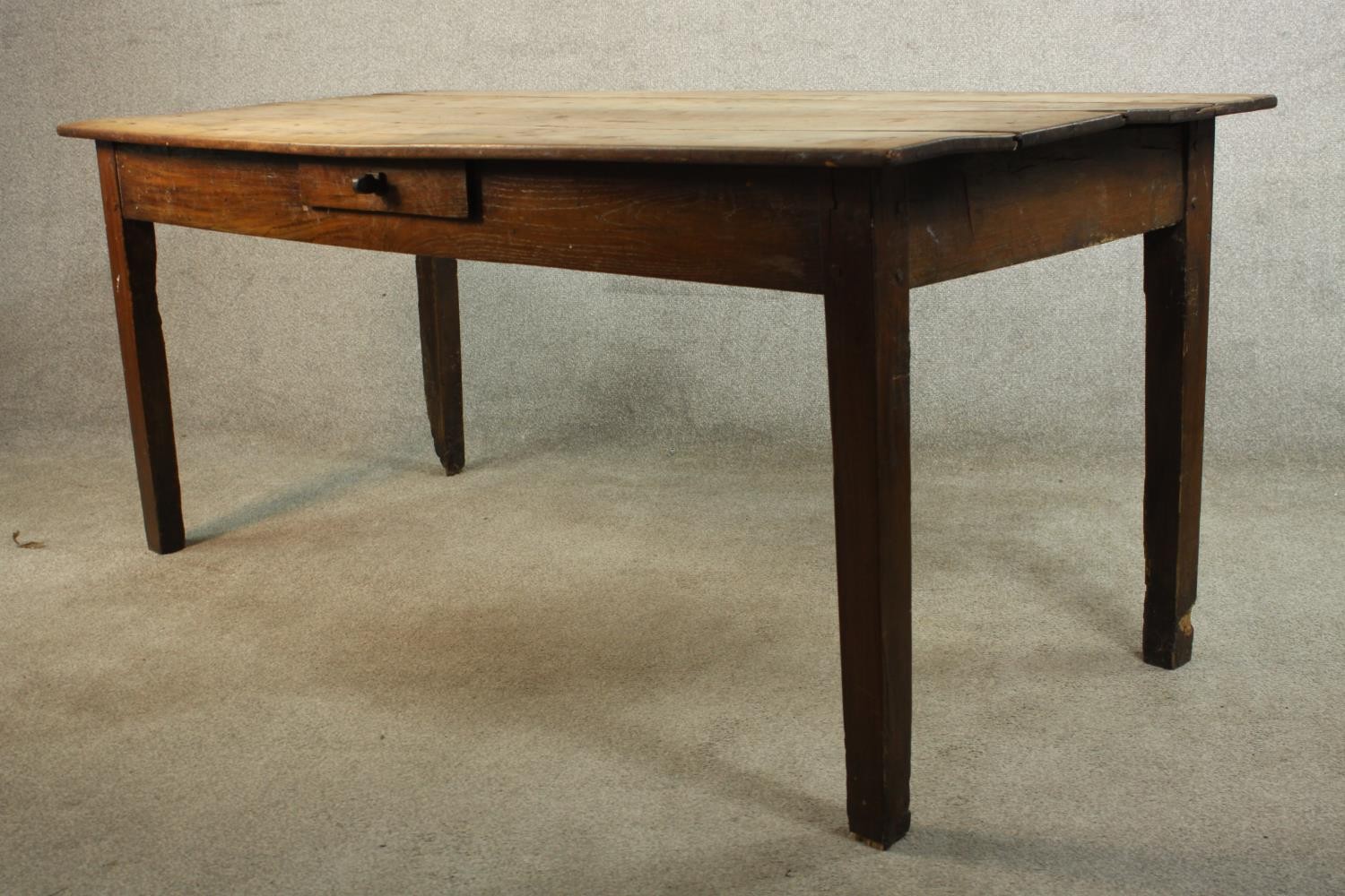 A 19th century French farmhouse table, with a plank top over a single drawer on square section - Image 7 of 9