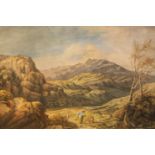 A framed and glazed 19th century watercolour of a country hillside landscape with man and his dog,