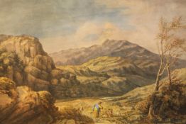 A framed and glazed 19th century watercolour of a country hillside landscape with man and his dog,