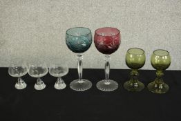Seven drinking glasses, Bent Severin for Holmegaard, a set of three sherry glasses, two Bohemian