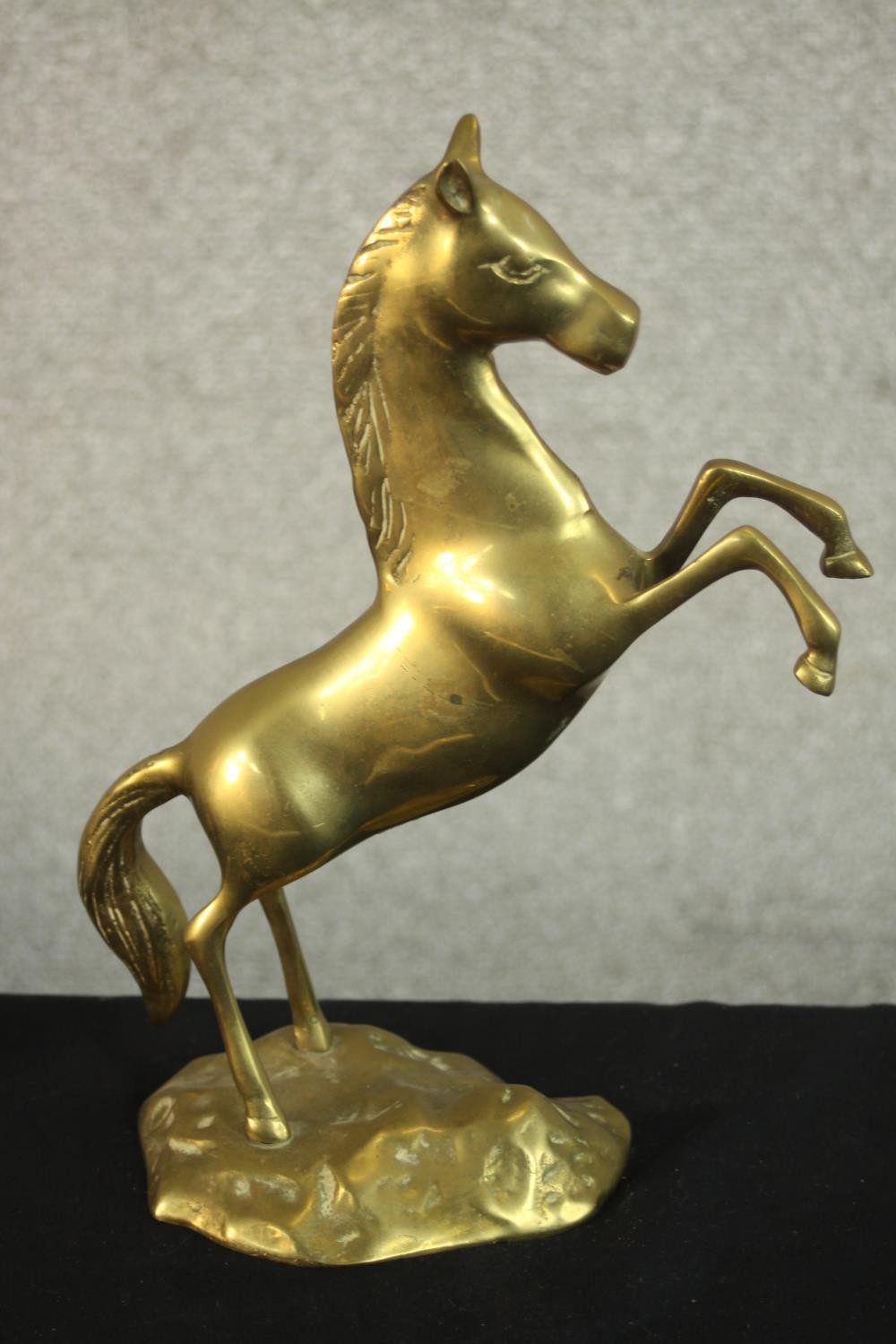 An early 20th century copper rearing horse on a mahogany base along with another brass rearing horse - Image 3 of 10