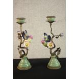 A pair of Wong Lee crackle glaze candlesticks in the form of branches with birds and flowers, with