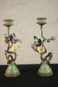 A pair of Wong Lee crackle glaze candlesticks in the form of branches with birds and flowers, with