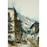 A framed and glazed watercolour of a Mexican town street scene, signed Buiz. H.40 W.31cm.