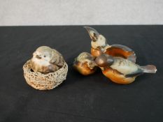 A Jie Gantofta hand painted ceramic bird on nest with eggs along with B&G figure of three birds. H.9