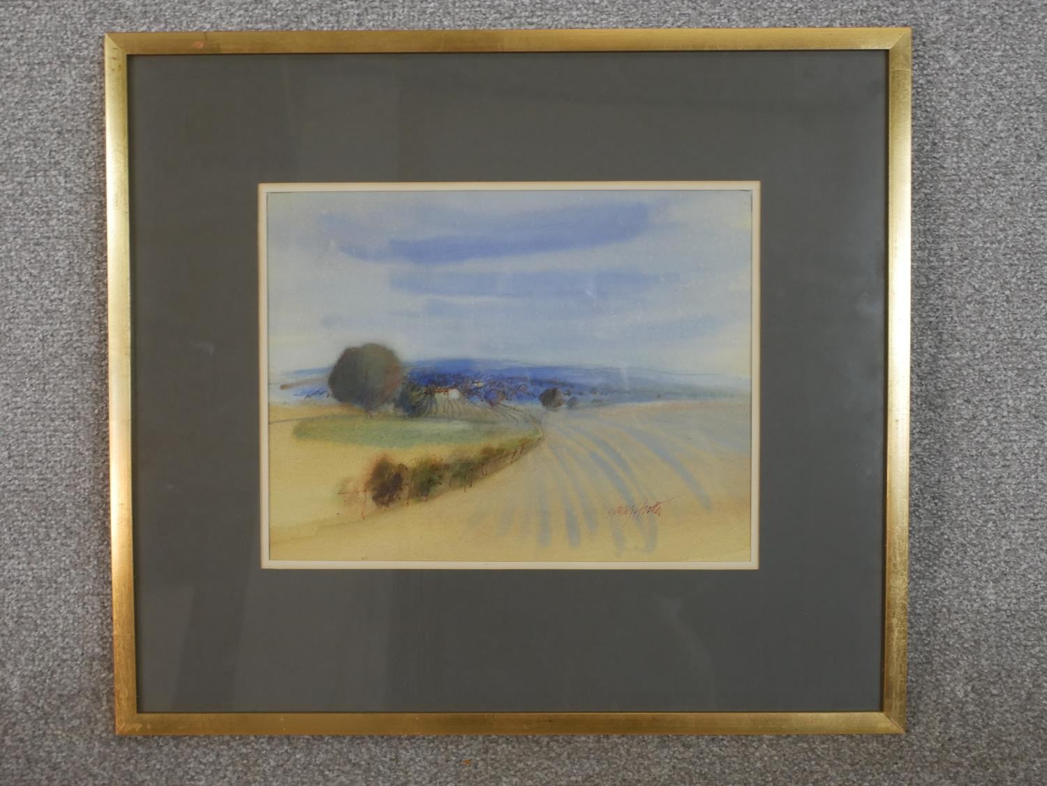 A framed and glazed watercolour and pen landscape, Evening Near Stratford upon Avon, indistinctly - Image 2 of 5