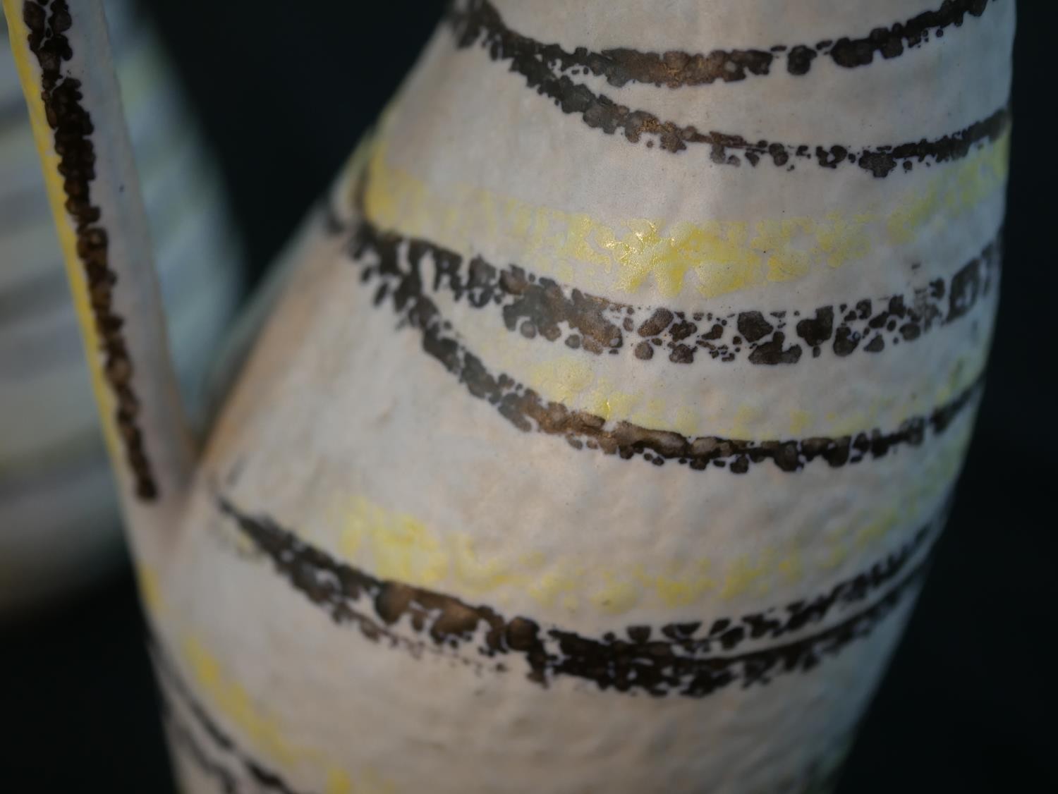 Three mid-century black and yellow abstract linear design handled vases, impressed numbers to - Image 7 of 8