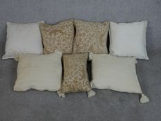 Seven contemporary cushions, three with leopard design. L.40 W.40cm. (largest)