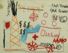 After Jean Michel Basquiat, a wax crayon drawing of a vehicle with abstract forms, unsigned. W.54