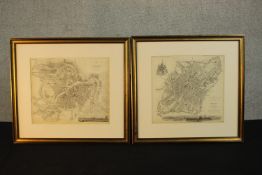 Two framed and glazed Soviet era engraved maps of Moscow and St Petersburg. H.54 W.56cm. (each)