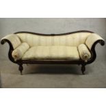 A William IV mahogany sofa, upholstered in cream fabric with a loose seat cushion and two