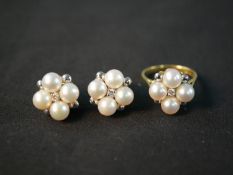 A cultured pearl, diamond 18ct carat yellow and white metal floral design dress ring with matching