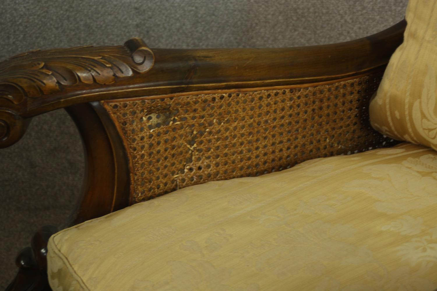 A pair of early 20th century Continental carved walnut bergere armchairs, upholstered in gold - Image 8 of 30