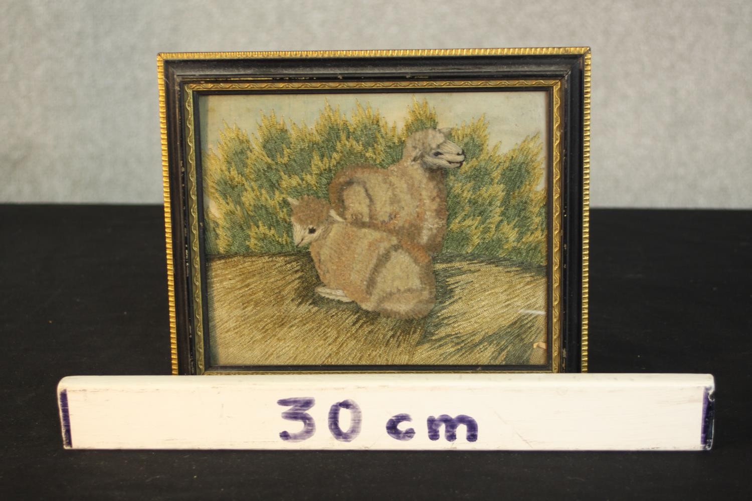 A 19th century embroidered study of two sheep by a hedge, framed. H.18 W.21cm. - Image 3 of 6