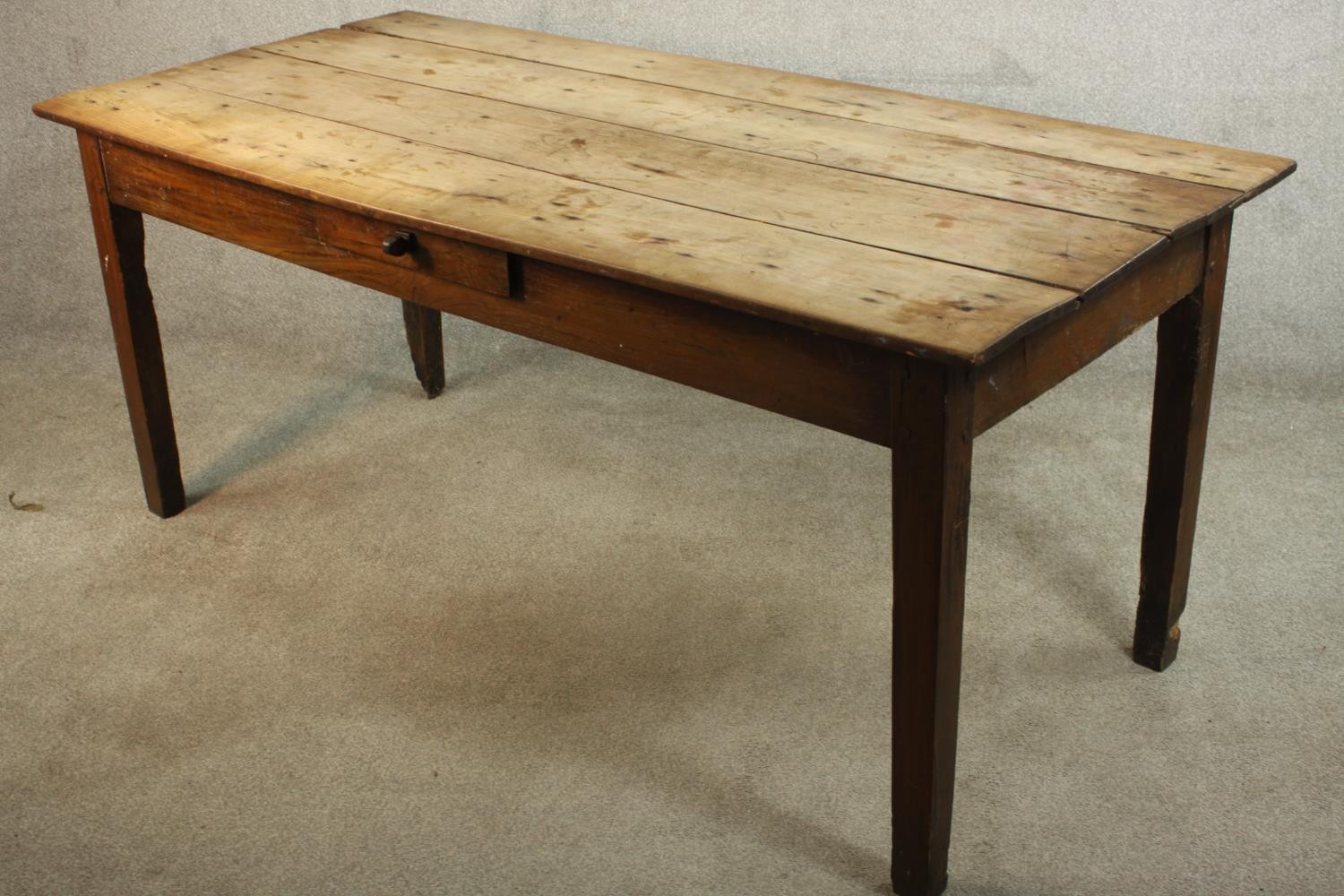 A 19th century French farmhouse table, with a plank top over a single drawer on square section - Image 5 of 9