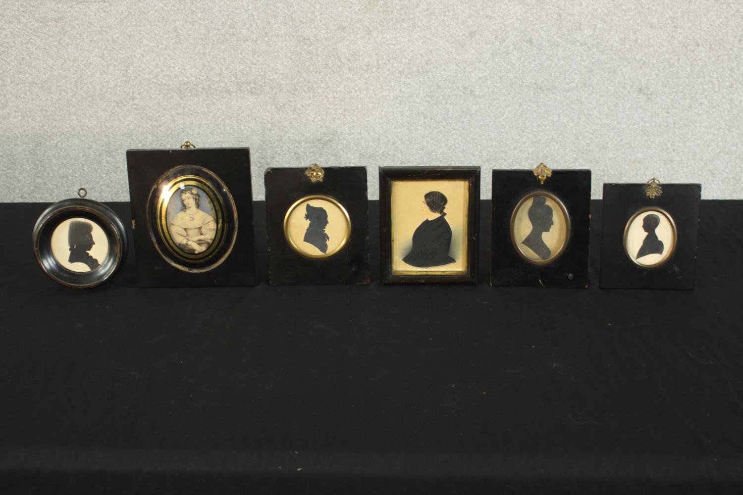 Six framed and glazed 19th century shadow portraits and one print of a lady in best dress. H.15 W. - Image 2 of 20