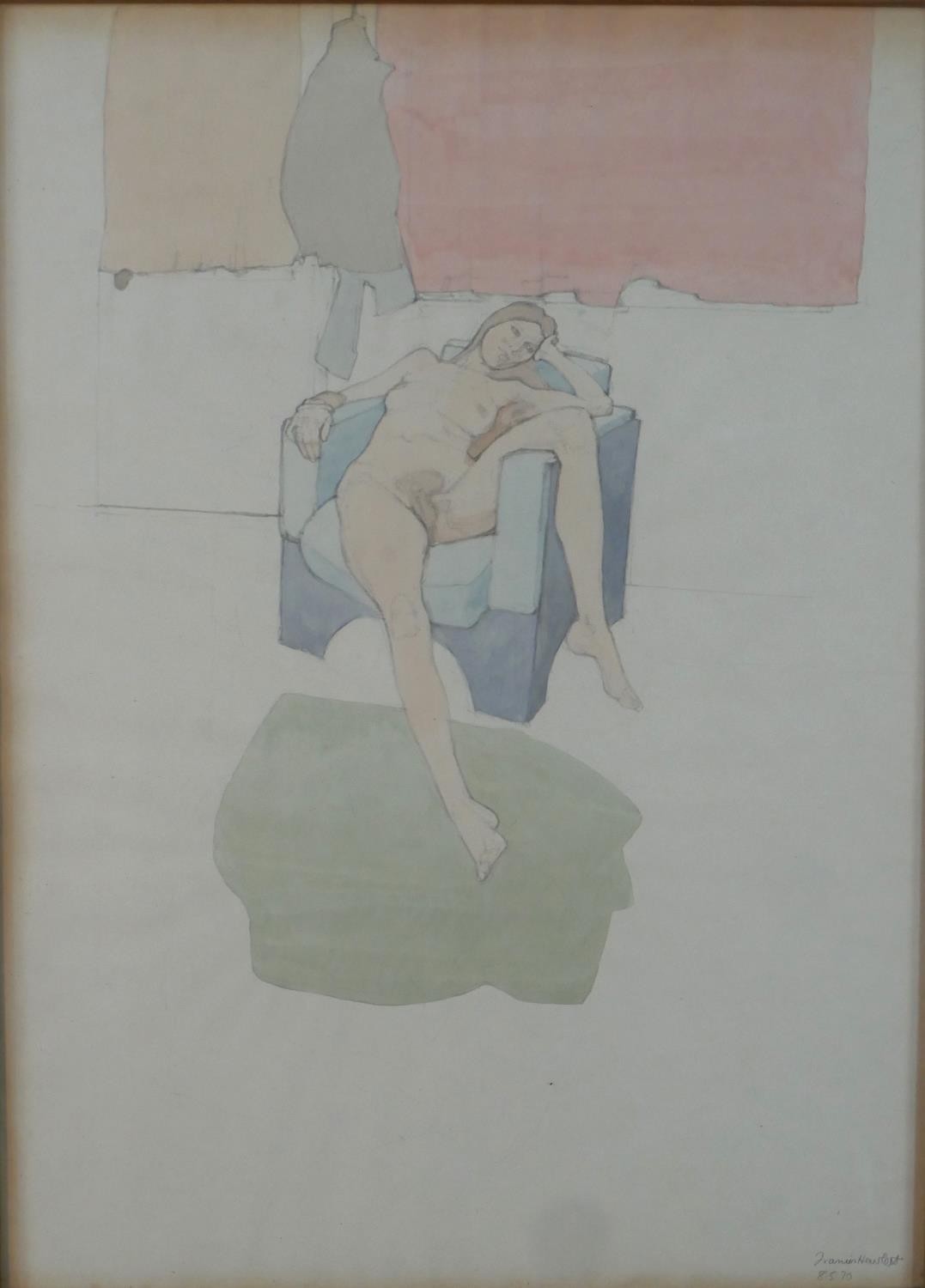 Francis Hewlett (1930 - 2012), nude female on a chair, gouache on paper, signed and dated. H.79 W.