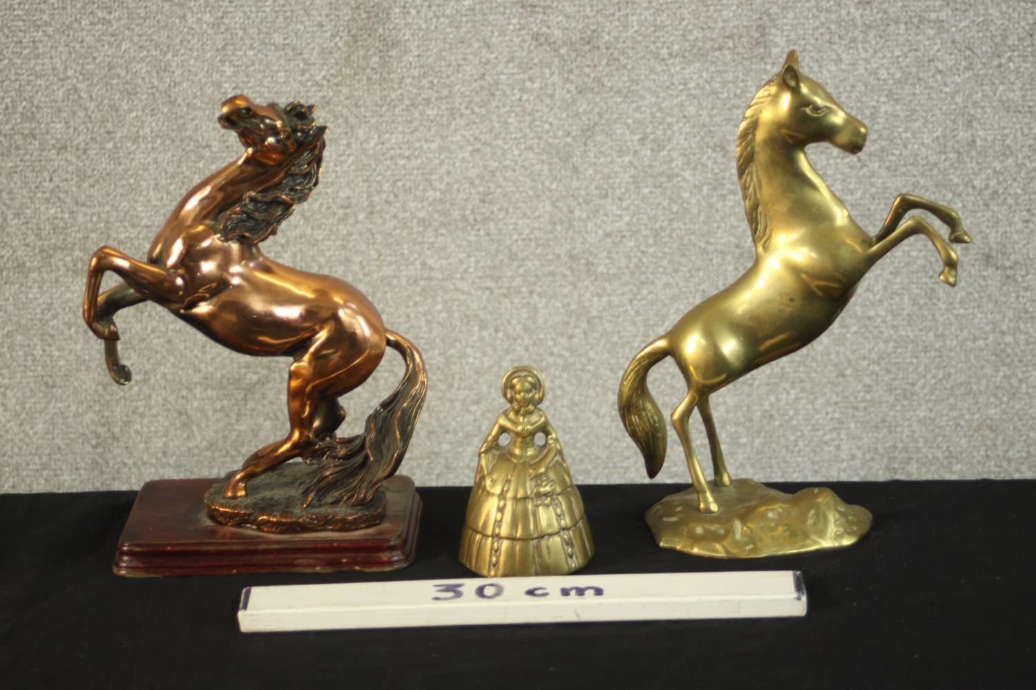 An early 20th century copper rearing horse on a mahogany base along with another brass rearing horse - Image 2 of 10
