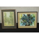 A framed and glazed watercolours of a forest, indistinctly signed and a framed and glazed abstract