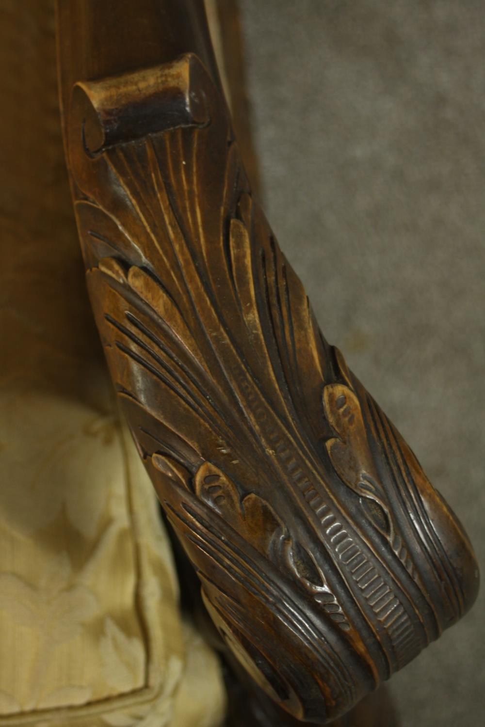 A pair of early 20th century Continental carved walnut bergere armchairs, upholstered in gold - Image 18 of 30