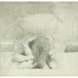 A framed and glazed pencil drawing of a nude female hunched over, indistinctly signed. H.31 W.31cm