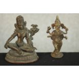 Two early 20th century brass and bronze Indian deities, one of Ganesha. H.10 W.5 D.4cm. (largest)