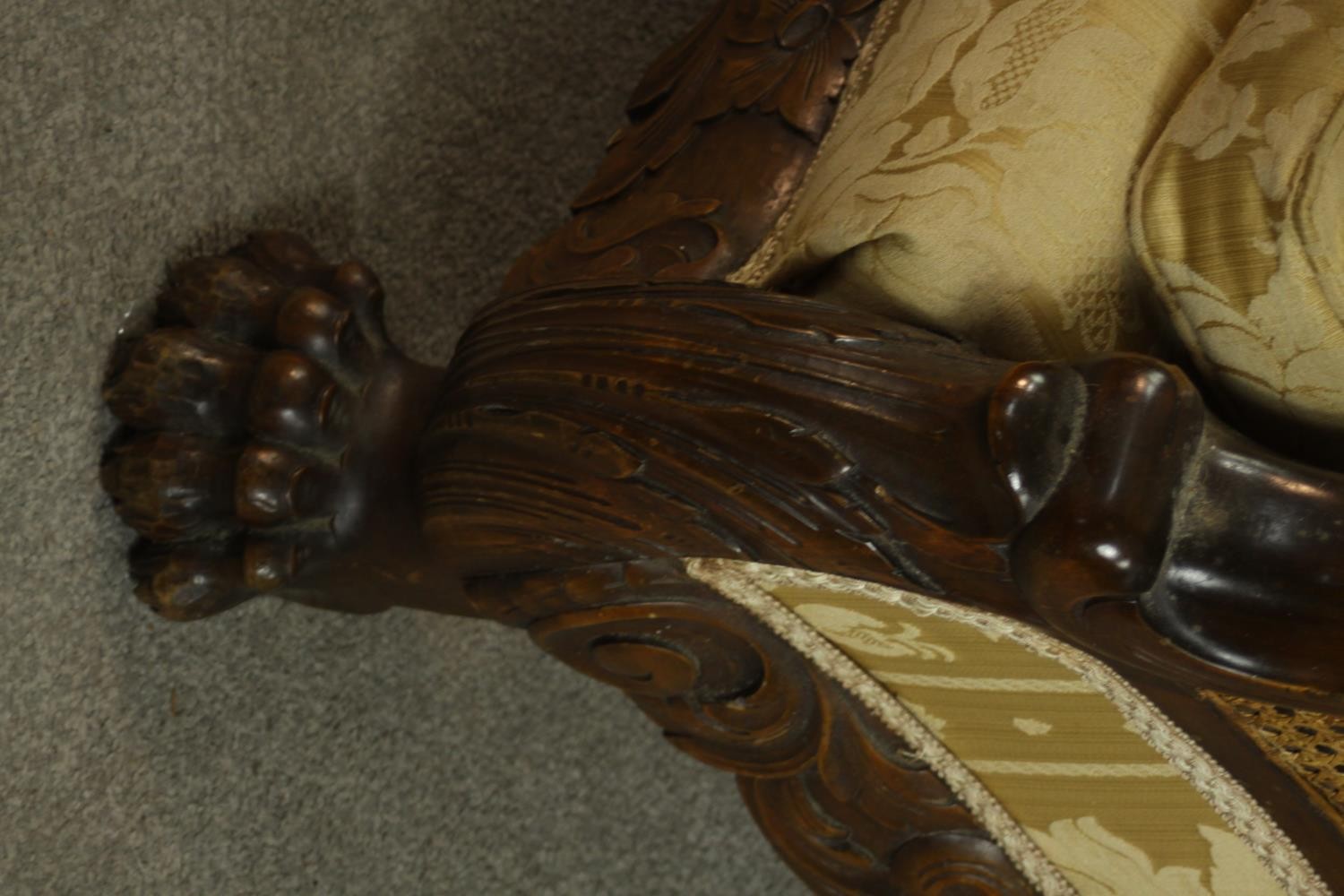 A pair of early 20th century Continental carved walnut bergere armchairs, upholstered in gold - Image 10 of 30