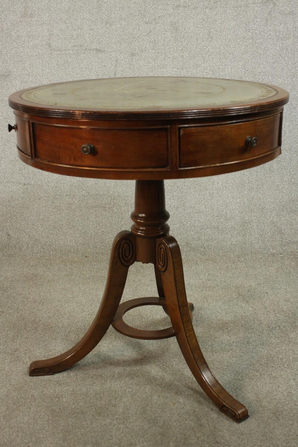 A reproduction George III style mahogany drum table with a tooled green leather insert over - Image 4 of 8