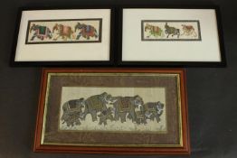 Three framed and glazed Indo-Persian Mogul gouache on paper paintings of elephants and horses in