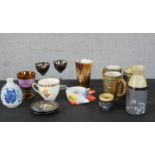 A collection of ceramics and glass, including pieces of Quimper china with tube lined designs, a