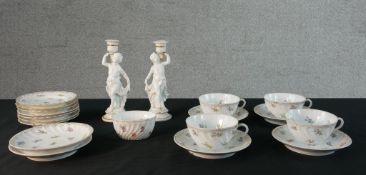 A 19th century Dresden four person part tea set, hand painted porcelain, including four tea cups and