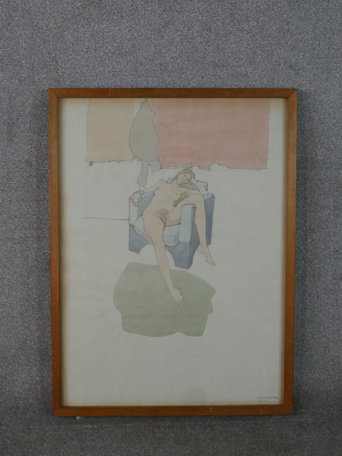 Francis Hewlett (1930 - 2012), nude female on a chair, gouache on paper, signed and dated. H.79 W. - Image 2 of 5