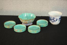 A collection of Chinese ceramics including a celadon glazed hand painted floral design bowl with