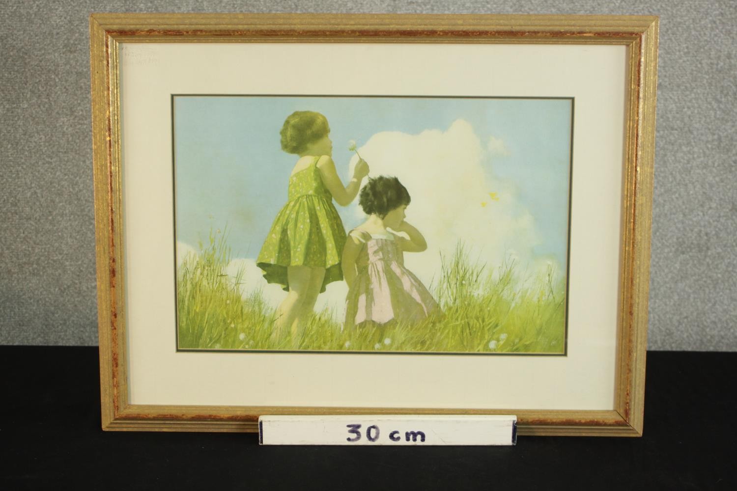 A framed and glazed 1930's coloured print 'The Weather Clock'. H.48 W.65cm. - Image 3 of 7