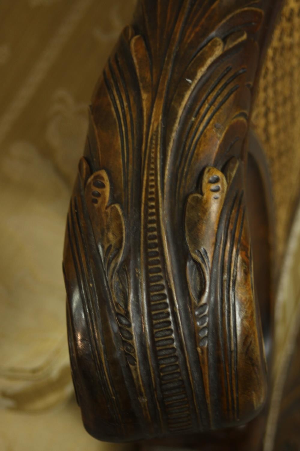 A pair of early 20th century Continental carved walnut bergere armchairs, upholstered in gold - Image 12 of 30