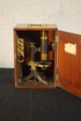 A 19th century mahogany cased students microscope with spare lenses. H.27 W.18 D.14cm. (box)