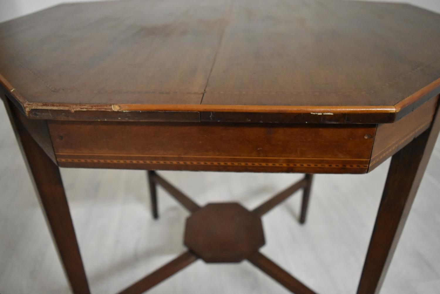 An Edwardian mahogany octagonal occasional table on tapering supports united by stretcher. H.68.5 - Image 8 of 17