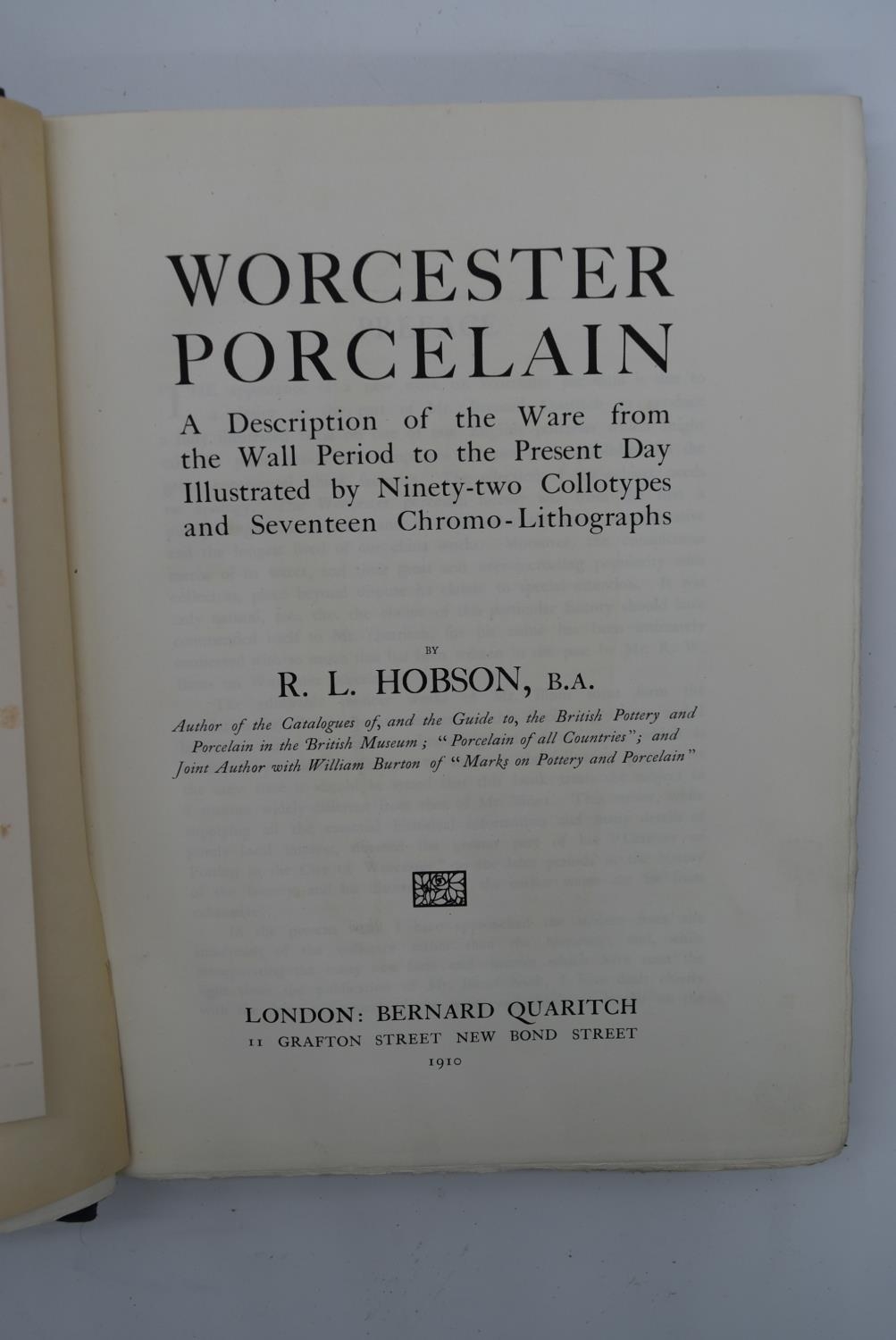 R. L. Hobson, Worcester Porcelain, blue cloth bound hardback volume with gilt lettering, published - Image 6 of 16