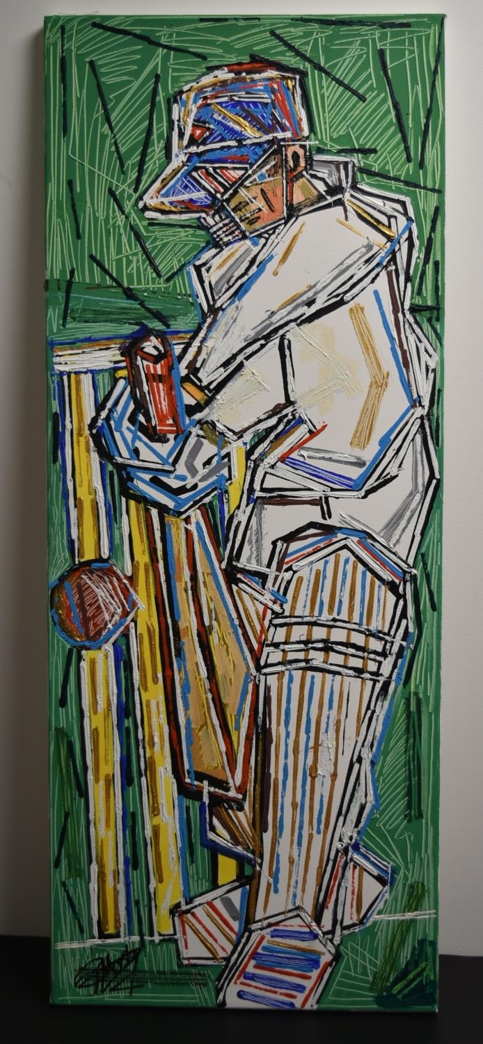 British School, contemporary, Hit for Six, cricketer playing a shot, indistinctly signed, oil on - Image 2 of 4
