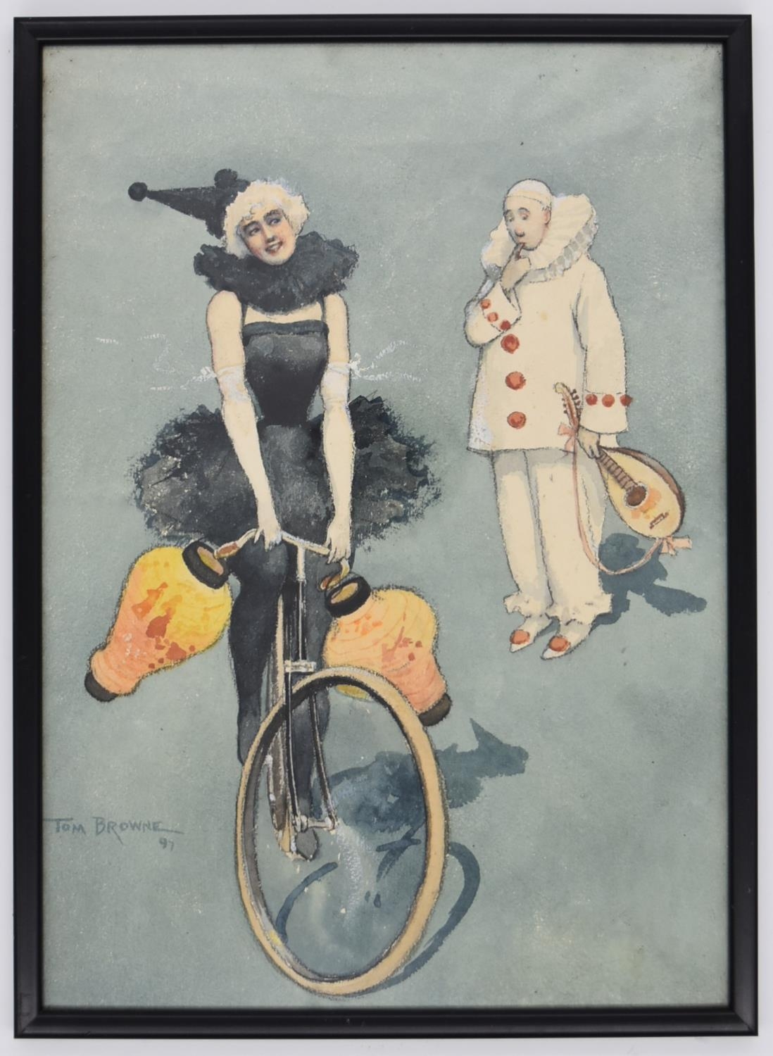 Tom Browne (1870 - 1910; British), Dancer riding bike with male clown holding an instrument, - Image 2 of 5